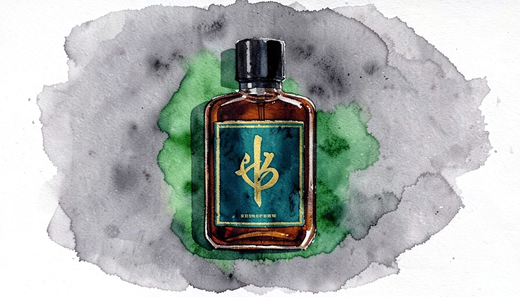Watercolour of a dark amber perfume bottle with a bold, graphic label in deep teal and gold, on a moody grey wash